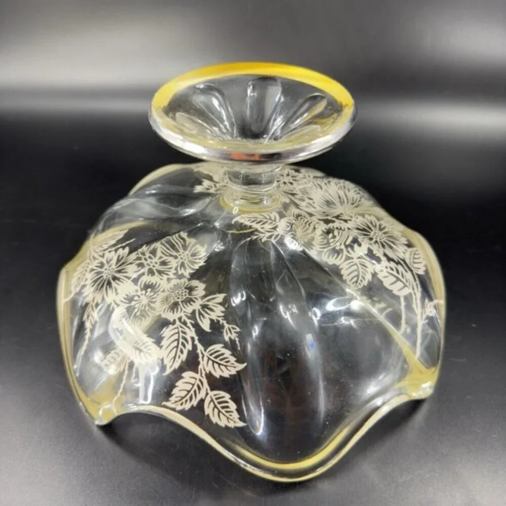 Vintage Viking Clear Footed Dish Bowl With Silver Overlay Flowers Pattern‎ VTG
